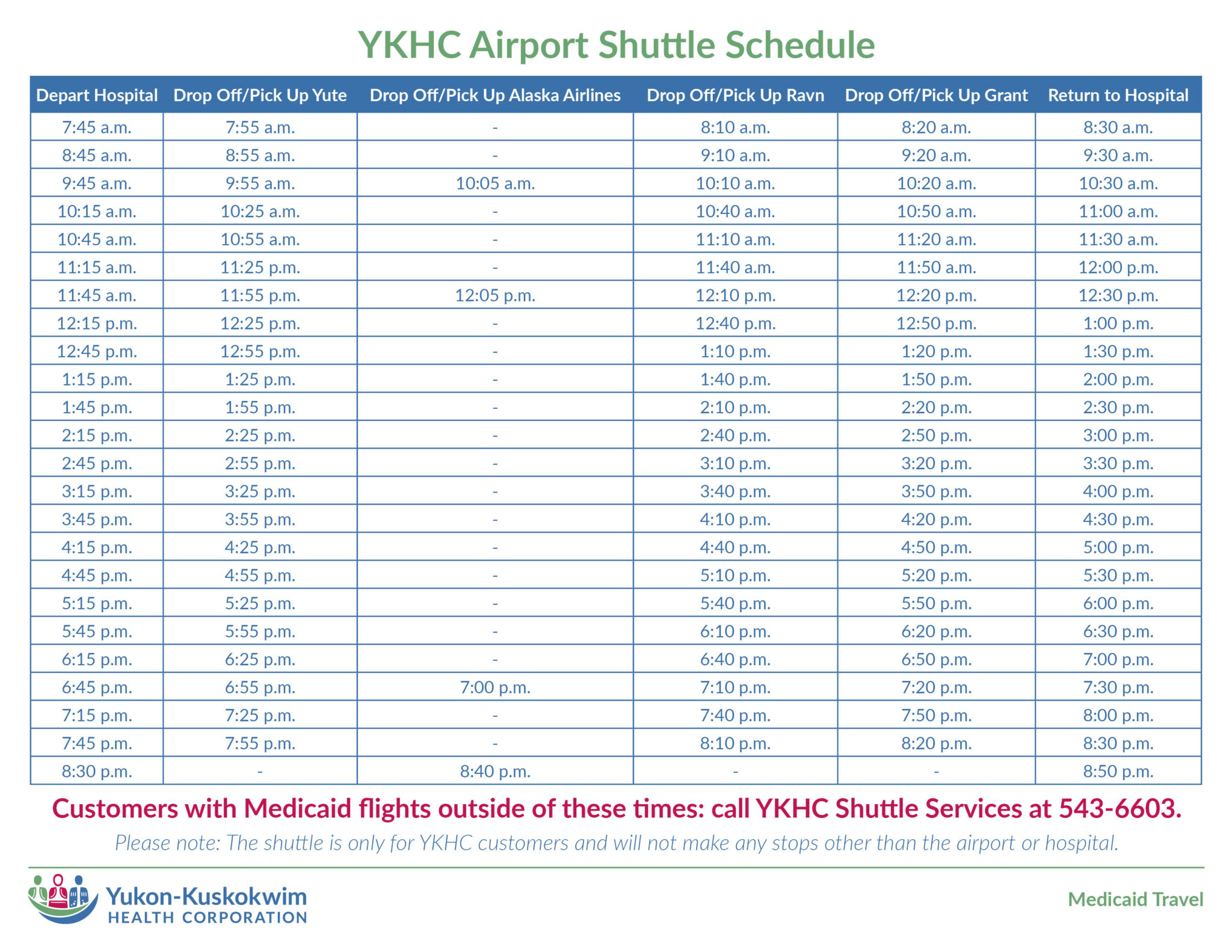 Updated Airport Shuttle Schedule Yukon Kuskokwim Health Corporation